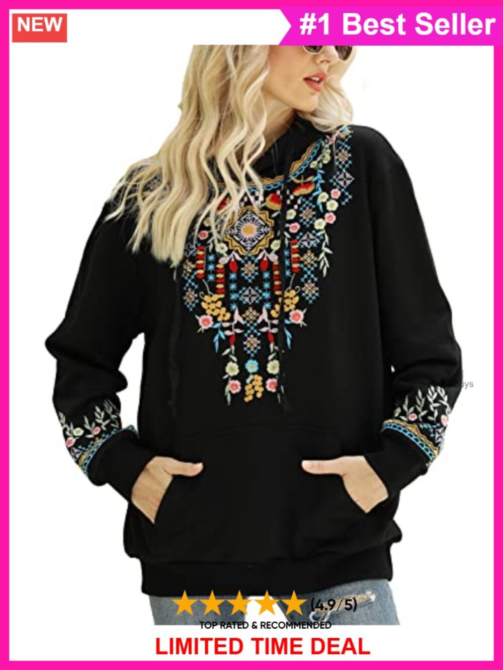 Womens 100% Cotton Embroidered Hoodie with Pockets Boho Mexican Style